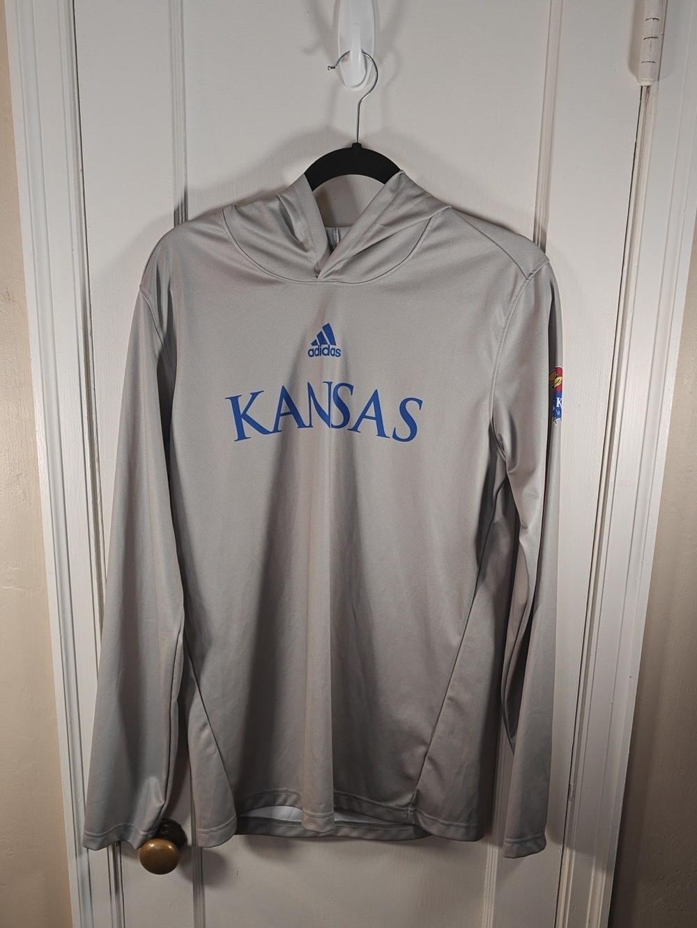 adidas Gray University of Kansas Hooded Pullover with Blue Logo and Jayhawk